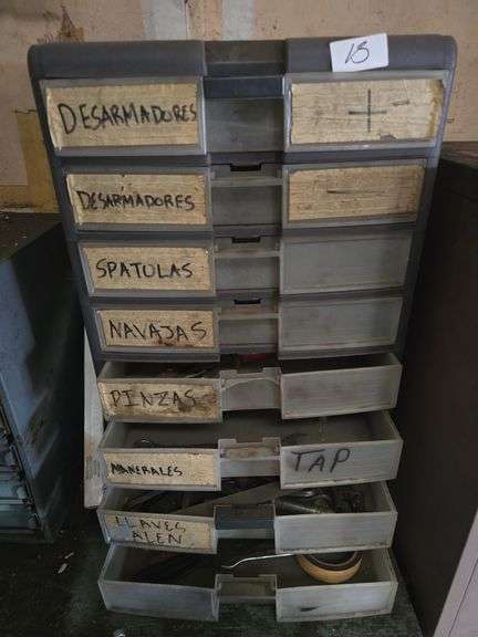 7-DRAWER PLASTIC ORGANIZER FULL OF TOOLS AND HARDWARE APROX 15"x11"x25"