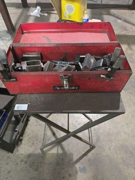 HUSKY METAL TOOL BOX FULL OF STEEL STOCK WITH WOODEN STAND INCLD.