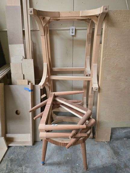 SOLID WOOD PROJECTS INCLUDING (2) LOW END TABLES APROX 27" x 60" x 14"; ROUND LOW END TABLE APROX 17"H x 23"W, AND (2) LEG SETS