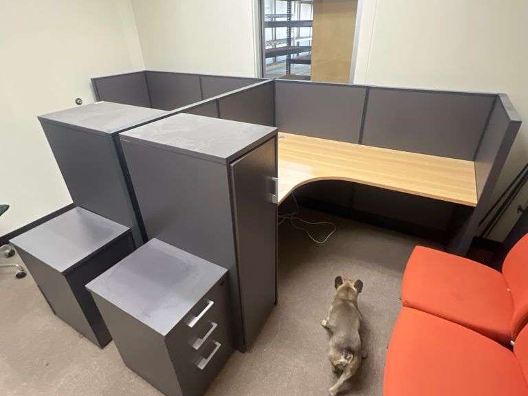 MODERN METAL & WOOD OFFICE DESK CUBICAL EACH SIDE IDENTICAL WITH 3-DRAWER LOCKING FILING CABINET W/ KEYS & ENCLOSED CABINET ON BOTH SIDES APROX TOTAL DIM. 128" x 64" x 47"