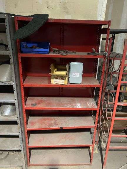 RED METAL SHELVING UNIT APROX 36"x12"x75" WITH CONTENTS INCLUDED **bins not incld.