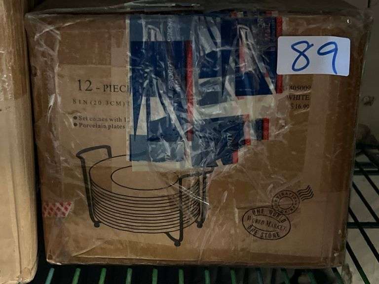 WORLD MARKETS 12PCS STACKING PLATE SET WHITE 8" WITH RACK