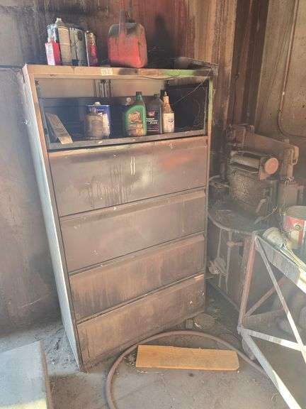 LOT INCLUDES 5-SHELF FILE CABINET, SOLID METAL ROLLING CART , CONTENTS INCLD.