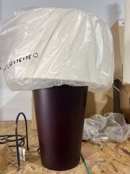 TALL CYLINDER SHAPED LAMP HANDMADE BY DÉCOR VIVANT WITH SOLID WOOD BASE AND FABRIC SHADE APROX 36"DIA x 20"H