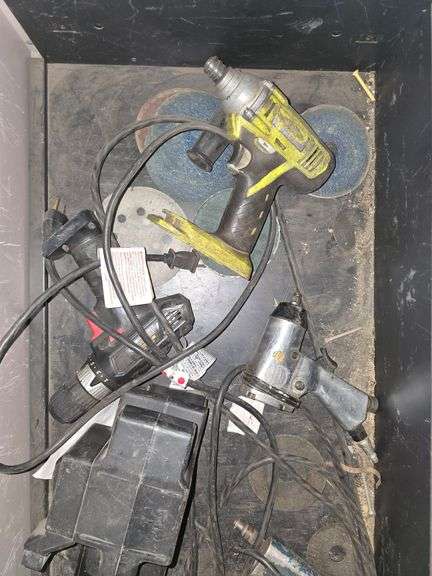 TOOLS INCLUDING CENTRAL PNEUMATIC AIR GUN, RYOBI CORDLESS DRILL, BAND SAW, NPK PNEUMATIC TOOL ECT