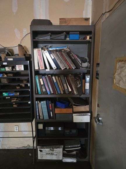 SOLID WOODEN BOOKSHELF APROX 35"x1'x7' WITH CONTENTS INCLUDING VARIOUS MANUALS, CATALOGS, AND OFFICE SUPPLIES
