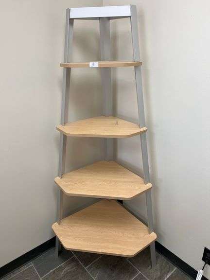 4-TIER WOOD AND METAL CORNER SHELVING UNIT APROX TOTAL DIM. 33"L x 2'W x 6'H