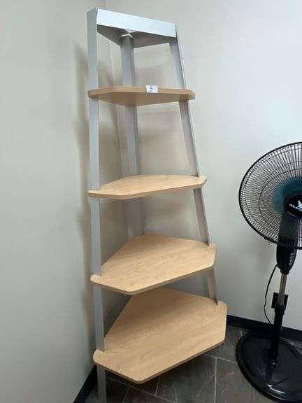 4-TIER WOOD AND METAL CORNER SHELVING UNIT APROX TOTAL DIM. 33"L x 2'W x 6'H