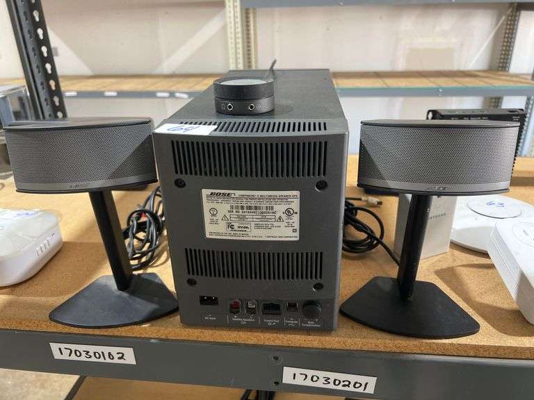 BOSE COMPANION 5 MULTIMEDIA SPEAKER SYSTEM WITH POWER CABLE, SOUND CONTROLLER, AND SET OF SPEAKER STANDS