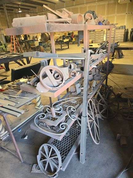 4-TIER SOLID METAL HEAVY DUTY SHELVING UNIT APROX 8'3" x 17" x 61"; WITH CUSTOM FORGED SOLID STEEL DÉCOR & HEAT FORGING TOOLS