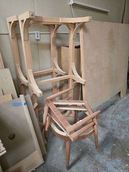 SOLID WOOD PROJECTS INCLUDING (2) LOW END TABLES APROX 27" x 60" x 14"; ROUND LOW END TABLE APROX 17"H x 23"W, AND (2) LEG SETS