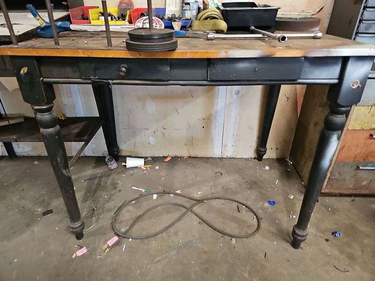 SOLID WOODEN TALL WORK BENCH APROX 4.5'x3'x3.5' WITH CONTENTS INCLD.