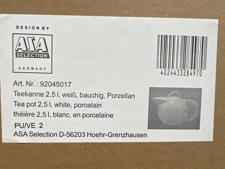 ASA SELECTION GERMANY 92045017 WHITE PORCELAIN TEA POT 2.5L *sold per pcs