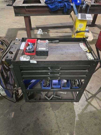 SOLID METAL ROLLING WORKBENCH WITH 3-DRAWERS AND 2-SHELVES, PACKED FULL OF METAL STOCK AND TOOLS