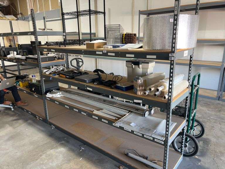 TEARDROP METAL SHELVING UNIT 4-TIER WITH PRESSED WOOD SHELVING APROX 8'L x 2'W x 7'H *Pickup after 2pm!!