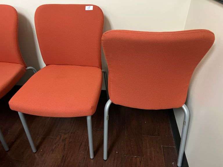 HAWORTH LOOK SIDE CHAIR STACKABLE, UPHOLSTERED WITH GREY METAL LEGS APROX 19"x20"x34"