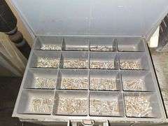 METAL SMALL HARDWARE ORGANIZER WITH 6-DRAWERS FILLED WITH ORGANIZED HARDWARE APROX 15"x12"x16"