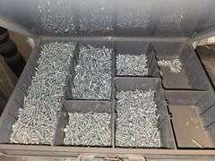 METAL SMALL HARDWARE ORGANIZER WITH 6-DRAWERS FILLED WITH ORGANIZED HARDWARE APROX 15"x12"x16"