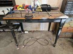 SOLID WOODEN TALL WORK BENCH APROX 4.5'x3'x3.5' WITH CONTENTS INCLD.