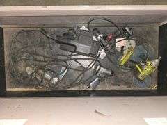 TOOLS INCLUDING CENTRAL PNEUMATIC AIR GUN, RYOBI CORDLESS DRILL, BAND SAW, NPK PNEUMATIC TOOL ECT