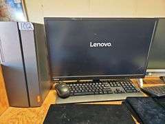 LENOVO IDEACENTRE COMPUTER WITH POWER CABLE AND THINKVISION E2410 MONITOR WITH POWER CABLE USB MOUSE AND KEYBOARD INCLD. EACH POWER ON