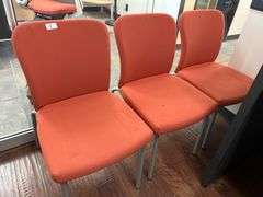 HAWORTH LOOK SIDE CHAIR STACKABLE, UPHOLSTERED WITH GREY METAL LEGS APROX 19"x20"x34"