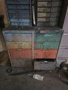 METAL WAREHOUSE TOOL ORGANIZER WITH 8-DRAWERS AND SOLID WOOD TOP APROX 3'x22"x3' **Pickup after 2pm
