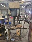 VINTAGE BUFFALO FORGE CO. #18 HEAVY DUTY DRILL PRESS MOUNTED TO WORK BENCH WITH CIRCUIT BREAKER IN WORKING COND.