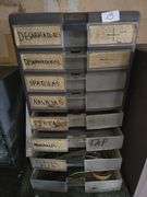 7-DRAWER PLASTIC ORGANIZER FULL OF TOOLS AND HARDWARE APROX 15"x11"x25"