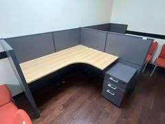 MODERN METAL & WOOD OFFICE DESK CUBICAL EACH SIDE IDENTICAL WITH 3-DRAWER FILING CABINET ON BOTH SIDES APROX TOTAL DIM. 128" x 64" x 27"