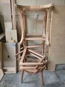 SOLID WOOD PROJECTS INCLUDING (2) LOW END TABLES APROX 27" x 60" x 14"; ROUND LOW END TABLE APROX 17"H x 23"W, AND (2) LEG SETS