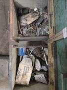 METAL WAREHOUSE TOOL ORGANIZER WITH 8-DRAWERS AND SOLID WOOD TOP APROX 3'x22"x3' COMPLETELY FULL OF METAL FABRICATION HARDWARE & TOOLS