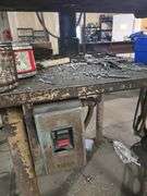 VINTAGE BUFFALO FORGE CO. #18 HEAVY DUTY DRILL PRESS MOUNTED TO WORK BENCH WITH CIRCUIT BREAKER IN WORKING COND.