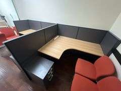 MODERN METAL & WOOD OFFICE DESK CUBICAL EACH SIDE IDENTICAL WITH 3-DRAWER FILING CABINET ON BOTH SIDES APROX TOTAL DIM. 128" x 64" x 27"