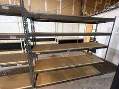 TEARDROP METAL SHELVING UNIT WITH PRESSED WOOD SHELVING APROX 8'L x 2'W ONE UNIT IS 7'H WITH 5-SHELVES ; THE OTHER IS 8'H WITH 4-SHELVES