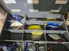 4-DRAWER METAL SMALL PARTS ORGANIZER FULL OF SUPPLIES APROX 20"x16"x15"