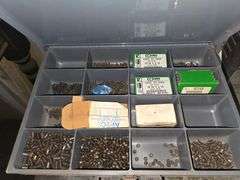 METAL SMALL HARDWARE ORGANIZER WITH 6-DRAWERS FILLED WITH ORGANIZED HARDWARE APROX 15"x12"x16"