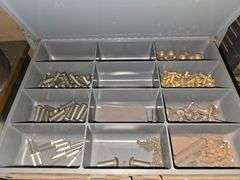 METAL SMALL HARDWARE ORGANIZER WITH 6-DRAWERS FILLED WITH ORGANIZED HARDWARE APROX 15"x12"x16"
