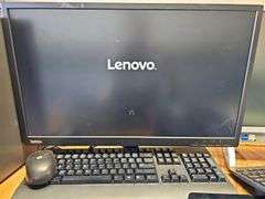 LENOVO IDEACENTRE COMPUTER WITH POWER CABLE AND THINKVISION E2410 MONITOR WITH POWER CABLE USB MOUSE AND KEYBOARD INCLD. EACH POWER ON