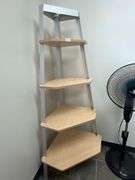 4-TIER WOOD AND METAL CORNER SHELVING UNIT APROX TOTAL DIM. 33"L x 2'W x 6'H