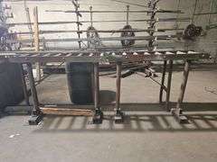 SOLID METAL INDUSTRIAL CONVEYOR 2PCS EACH APROX 13"x4'x39" AND STAND APROX 10' x 10" x 38"