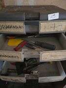 7-DRAWER PLASTIC ORGANIZER FULL OF TOOLS AND HARDWARE APROX 15"x11"x25"