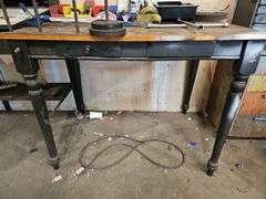 SOLID WOODEN TALL WORK BENCH APROX 4.5'x3'x3.5' WITH CONTENTS INCLD.