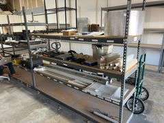 TEARDROP METAL SHELVING UNIT 4-TIER WITH PRESSED WOOD SHELVING APROX 8'L x 2'W x 7'H *Pickup after 2pm!!