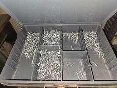 METAL SMALL HARDWARE ORGANIZER WITH 6-DRAWERS FILLED WITH ORGANIZED HARDWARE APROX 15"x12"x16"