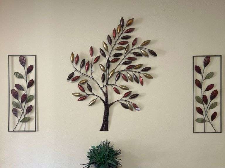 WALL HANGING METAL ART INCLUDING TREE 3'10"h AND MATCHING FRAMES 11" x 2'7"