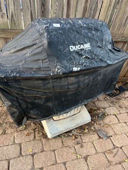 Ducane stainless steel outdoor propane grille with cover on wheels