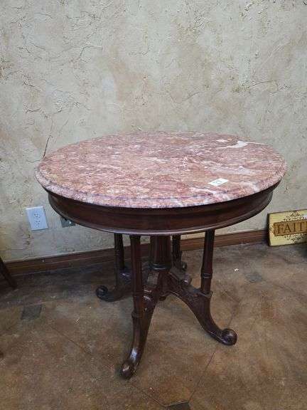 Vintage Granite topped solid wood center table aprox 30"dia. X 29"H