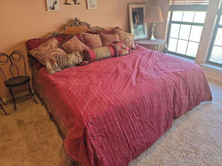 Antique Satinwood carved & hand painted King size bed frame with separated bottom **mattress & bedding incld. If you choose, if not requires removal to curb