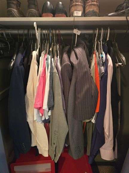 Men's clothing in a variety of sizes including Champion dri-fit tees, Andrew Fezza Tux coat, Vintage t-shirts ect